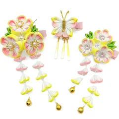 【特価商品】ヘアアクセサリー つまみ細工 浴衣 袴 グラデーション 着物 振袖 和装 髪飾り 卒業式 卒園式 結婚式 成人式 イベント 手作り 七五三 ハンドメイド 桜 蝶々 髪飾り】3点セット 花 鈴付き 前撮り 【JZOON 黄 H5103