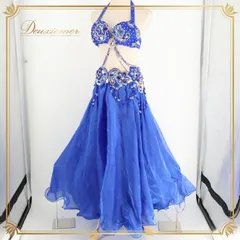 ベリーダンス オリエンタル 衣装 上下セット Fanty B.C. ブルー系 青 シルバー系 ラインストーン ビーズ レース 練習 発表会 イベント 舞台 鮮やかな ドレス トップス スカート セット アンダー ネックストラップ