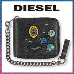 DIESEL 二つ折り財布 X08298 P1115 T8013 HIRESH XS ZIPPY CHAIN PINSEE 本革 革 レザー スタッズ ウォレットチェーン ラウンドファスナー  ブラック　ディーゼル