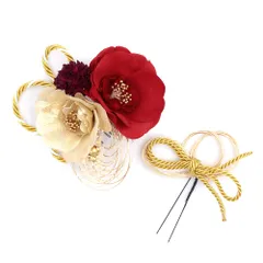 髪飾り 成人式 水引 赤 振袖 前撮り 袴 2点セット 花 芙蓉 ゴールド 紫 組紐 カスミソウ ビーズ コーム Ｕピン かんざし かわ No.12-0624