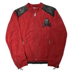 フィリッププレイン(PHILIPP PLEIN)  肩部分シープスキン・スカルワッペン・スタッズ付きレザー切替しジャケット
