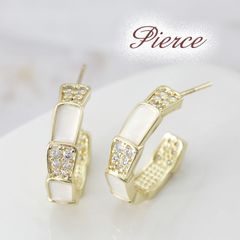 ピアス ハーフ フープ レディース スクエア 四角 ジルコニア アクリル 18金 18kコーティング イエローゴールド K18GP