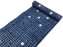 tsumori chisato ゆかた 灰青地紺格子 ドット柄 綿麻【日本製】 浴衣 反物 未仕立て　10632