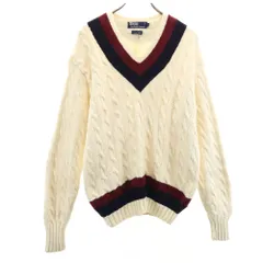 Polo by Ralph Lauren ポロバイラルフローレン 90s オールド コットンニット ハンドニット チルデン 長袖 Vネック ケーブル ニット L ホワイト メンズ 古着