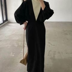 nairo ナイロ ギャザーVネックワンピース ドレス ロングワンピース 袖ボリューム オープンバック 背中開き Vネック フォーマル ブラック 黒 サイズM レディース 春 ゴーゴー古着久喜倉庫店 No.782