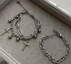 ブレスレット ステンレス ユニセックス 金属アレルギー対応 2点セット 延長可能 十字架 クロス フォルテ おしゃれ チェーン シルバー カラー 特価 在庫限り