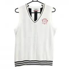 【超美品】アディダス ニットベスト 白×ダークネイビー 後ろストライプ 一部ケーブル編み ウール混 レディース L/G ゴルフウェア adidas