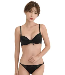 Smile LaLa ブラック C65 レディース ブラ ブラジャー ショーツ 下着 上下 セット 女性 ランジェリー ギャル セクシー サテン 光沢 谷間 綺麗 黒いブラ 大人可愛い盛りブラジャー女性 ガードル すっきり わき わき [ブラック] [C65]