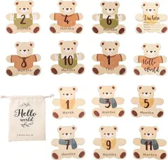 Promise Babe 月齢フォト ベビーマンスリーカード 7枚セット クマ形 ウッド 天然木材 ニューボーンフォト 写真道具 成長記録 新生児 赤ちゃん 出産祝い