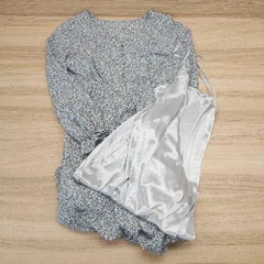 ◇ Heather ヘザー Vネック 花柄 ウエストゴム 裏地 シンプル 長袖 ロング丈 ワンピース サイズF ブルー系 レディース E  【1304050036712】