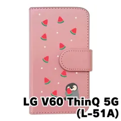 【新品未使用】LG V60 ThinQ 5G L-51A スマホケース 手帳型 (色：ピンク×柄：ペンギンとスイカ)moimoikka ペンギン 動物 flip2-l51a-pk-20139