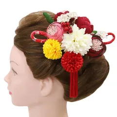 髪飾り 成人式 赤 振袖 前撮り 袴 花 2点セット ピンク 白 黄色 ちりめん 房 組紐 和柄 おしゃれ かわいい かんざし 縮緬 大き No.12-0017