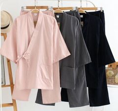 メンズ 二重ガーゼ パジャマ 甚平 七分袖 ルームウエア　無地 レディースパジャマセット 夫婦用 爽やか寝巻きセット 着物和式部屋着ペアルック xzzhang335