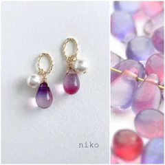 ◆ 264 パープル フューシャ しずく ガラス パール ピアス イヤリング ◆ 再販 人気 上品 小ぶり シンプル プチプラ ピンク パープル パール ハンドメイド