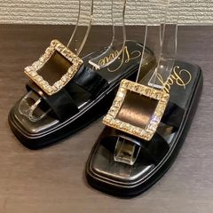 ★お盆期間限定価格★  ロジェヴィヴィエ Roger Vivier 大粒 ビジュー ラインストーン サンダル 厚底 黒 ブラック ゴールド [36] 約23cm F717/T5