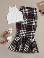 セットアップ チェック 柄 白 タンクトップ マーメイド マーメイドスカート