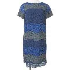 ダイアグラム グレースコンチネンタル Diagram GRACE CONTINENTAL 美品 ワンピース 総レース ひざ丈 半袖 36 S相当 青系 IBO58 X