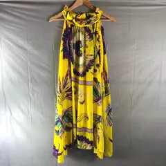 ルルク LULUC ワンピース ノースリーブ 柄模様 花 羽 フリル シフォン 裏地付き 組成表示タグなし 黄色系 Lサイズ 2025090200299