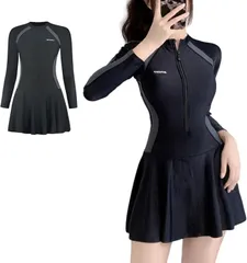 LIMSE ママに嬉しい体型カバー水着 レディース ワンピース型 ラッシュガード 長袖水着 アンダーショーツ付き UVカット スリム見えデザイン 着やせ効果(ブラック,  M)