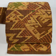 名古屋帯 優品 じゅらく 落款 紬地 鳥 幾何学模様 茶色 正絹 【中古】