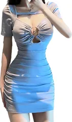 ReiLuana ワンピース セクシー 半袖 胸 露出 デコルテ V ネック ドレス 美 ミニ スカート 人気 かわいい お洒落 きれい 無地 丈 トレンド 着やせ Vネック 細身 胸元 シルエット ボディコン デート(ブルー,  M)