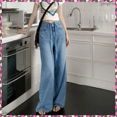 送料無料 ウォッシュドデニムパンツ レディース韓国 ストリングデニム ワイドパンツ トレロ ゆったり ハイウエストパンツウエストクロス 美脚カジュアル ストレートジーンズ 着やせジーパン脚長 体型カバー長ズボン ドローストリング