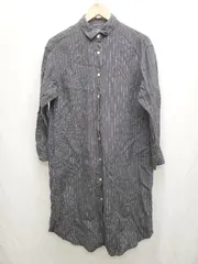 ◇ Θ MUJI 無印良品 ストライプ リネン 長袖 膝下丈 シャツ ワンピース サイズM ダークグレー ホワイト レディース P  【1410230023561】