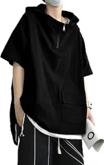 NEKORA パーカー メンズ 半袖 プルオーバー tシャツ トップス フーディ 無地 薄手 ビッグt メンズパーカー 吸水速乾 男性用パーカー 汗 オーバーサイズ(ブラック,  L)