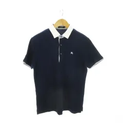バーバリーブラックレーベル BURBERRY BLACK LABEL ポロシャツ 鹿の子 半袖 切替 ストライプ ロゴ刺繍 3 L 紺 ネイビー /MN20 ■GY19