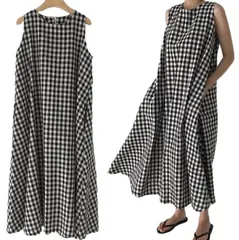 M_ブラック [1/2plus] [ニブンノイチプラス] ワンピース フレアー ギンガム チェック コットン ノースリーブ レディース (M)