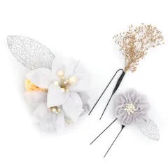 髪飾り 成人式 つまみ細工 振袖 前撮り 袴 3点セット 花 リボン ブルーグレー 灰色 黄色 白 ゴールド レース パール リーフ カ No.12-0525