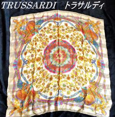 TRUSSARDI トラサルディ 大判シルクスカーフ 100㎝×97㎝ 　ベージュ地マルチカラー　日本製　( 2123-4)