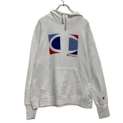 Champion ロゴ スウェット パーカー L ホワイト ブルー レッド チャンピオン フーディー 古着卸 アメリカ仕入 a603-5007