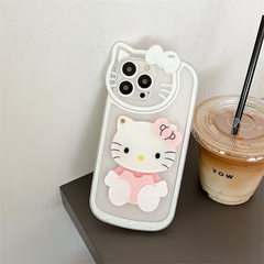☆iPhone16入荷☆　キティ iphoneケースかわいい　ミラー付　リボン白タイプ   iphone11/ iPhone12/ iPhone13/iPhone14/iPhone15/ケース 韓国スマホケース