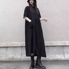 新品 2026新作 【希少】モード系 レディース  夏用  ブラック  アイアムアイ コムデギャルソン イマココニ 長袖シャツワンピ　ハイグレード ステッチロングドレス ゆったり  スリム  大きいサイズ  プリーツシャツドレス 個性派