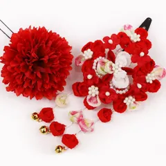 七五三 髪飾り 三歳 七歳 日本髪 つまみ細工 赤 花 2個セット 白 パッチン留め かんざし ちりめん ビラ お正月 髪型 ヘアスタ No.9-4110