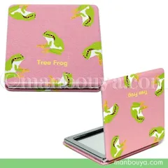 カエル グッズ コンパクトミラー 四角 拡大鏡 ワールド商事 携帯用ミラー アマガエル ピンク