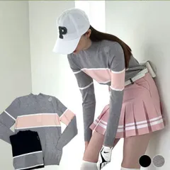ゴルフウェア レディース 韓国 ニット セーター トップス ゴルフウエア ゴルフ ウエア バイカラー ハイネック かわいい 秋 冬 秋冬 カジュアル おしゃれ 配色 ライン ブラック グレー ピンク