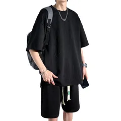 セットアップ メンズ 半袖 テクスチャー デザイン カジュアル トップス ハーフパンツ 上下セット ストリート ルームウェア ゆったり スポーツ 2カラー 春 夏 パンツ Ｔシャツ 大きい 大きめ 部屋着 白 黒 色 ブラック ホワイト [ブラック] [XL]