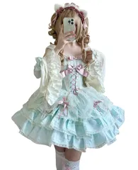 新品 [Jundakara] ティアード JSK ジャンパースカート ロリータ 付け姫袖 チョーカー カチューシャ リボン フリル レースアップ ワンピース レディース Lolita ドレス ロリィタ コスチューム コスプレ 衣装 花嫁風 ファッション 春 夏