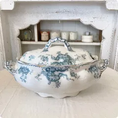 フランスアンティークチェリー柄鮮やかなブルーグリーンのキャセロールスーピエール フランスアンティークチェリー柄鮮やかなブルーグリーンのキャセロール