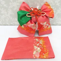 子供着物 女児用 子ども用 作り帯 結び帯 7歳用 赤×ピンク×緑×金 うさぎ 雪輪 桜 市松 七五三 祝着 晴れ着 舞台衣装 ウサギ 兎