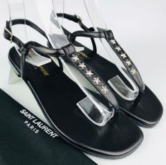 新品未使用★SAINT LAURENT PARIS・サンローランパリ レディース レザー メタルスタースタッズ付き アンクルストラップ サンダル（34）