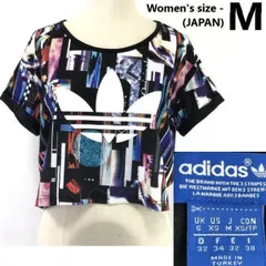 トルコ製★アディダス/adidas originals★総柄プリント/トレフォイル/ショート丈/半袖Tシャツ【レディースM/黒マルチ】Tops/Shirts◆SBH859<sale>