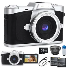 デジカメ 6800万画素 4K 180度回転可能ディスプレイ 広角レンズ付属 32GBマイクロSDカード付き 16倍デジタルズーム オートフォーカス機能 デジタルカメラ 手振れ補正 ウェブカメラ 自撮り便利 3インチ大画面 Moledro バッテリー2枚 コン