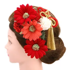 髪飾り 成人式 振袖 浴衣 卒業式 袴 結婚式 2点セット 赤 白 花 和 洋 かんざし 手作り 簪 つまみ細工 ちりめんフォーマル 花飾り 玉飾り ブライダル W 68 304-285 赤 白 p754　Si