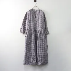 美品 2024SS フォグリネンワーク fog linen work マルゴワンピース シモーヌ/パープル ギンガムチェック ギャザー ドレス【2400014438550】
