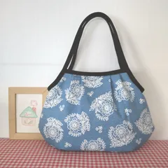 グラニーバッグ（デニム風プリント＊花柄＊ライトブルー）