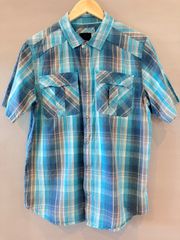 prAna プラナ アメリカ古着 オーガニックコットン チェックシャツ 半袖 S/S ターコイズブルー 水色 メンズ Mサイズ