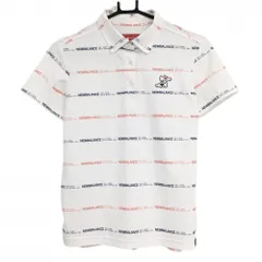 【美品】ニューバランスゴルフ 半袖ポロシャツ 白×レッド ロゴ総柄 ボーダー調  レディース 2(Ｌ) ゴルフウェア New Balance